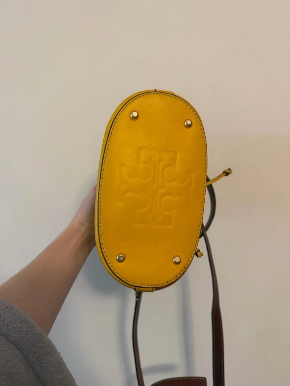 Tory Burch Yellow Logo Bucket Shoulder Bag with Brown Strap